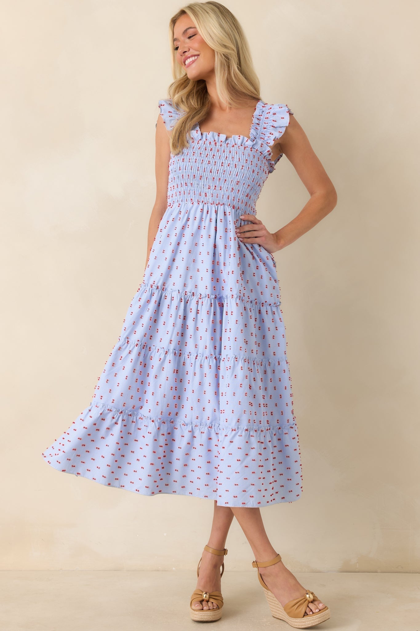 Blue Prosperina Gingham Embroidered Midi Dress