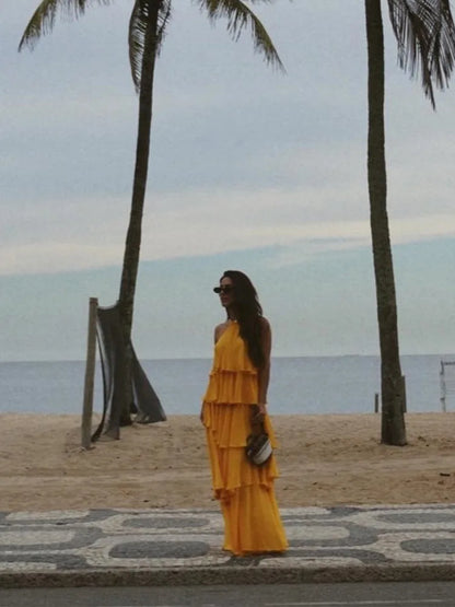 orange yellow Isabelle Halter Ruffle Maxi Dress