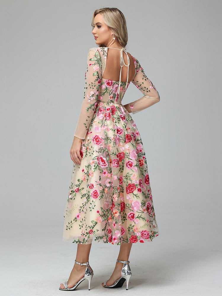 Champagne Margot Floral Lace Tea Length Dress