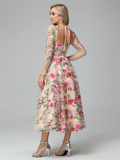 Champagne Margot Floral Lace Tea Length Dress