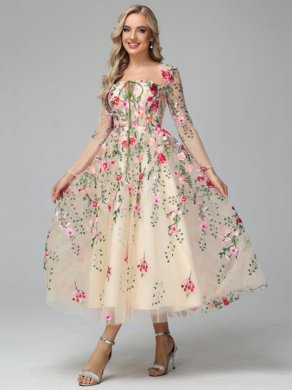 Champagne Margot Floral Lace Tea Length Dress