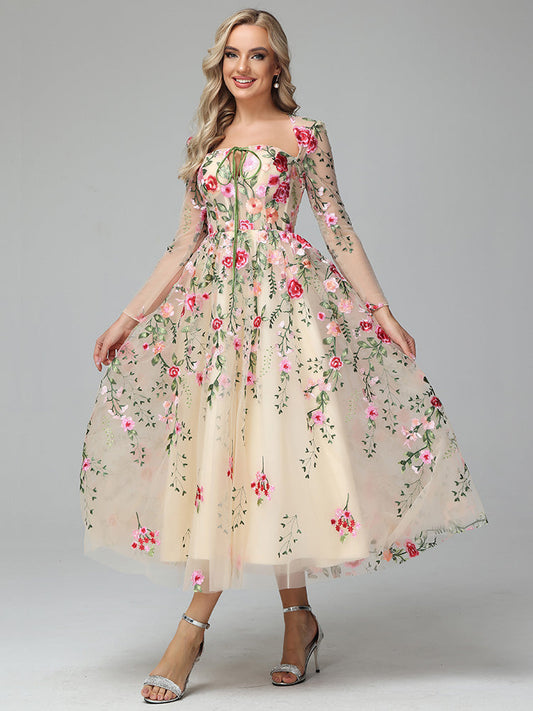 Champagne Margot Floral Lace Tea Length Dress
