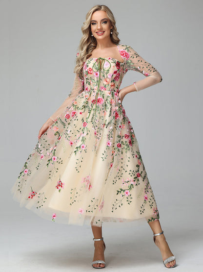 Champagne Margot Floral Lace Tea Length Dress