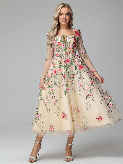 Champagne Margot Floral Lace Tea Length Dress