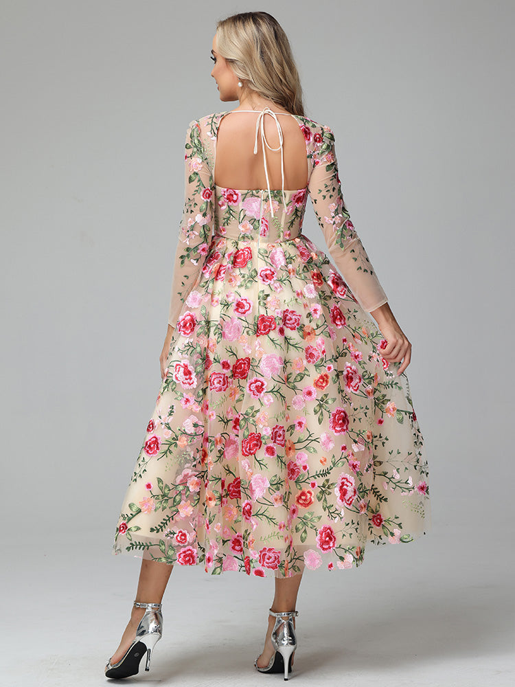 Champagne Margot Floral Lace Tea Length Dress