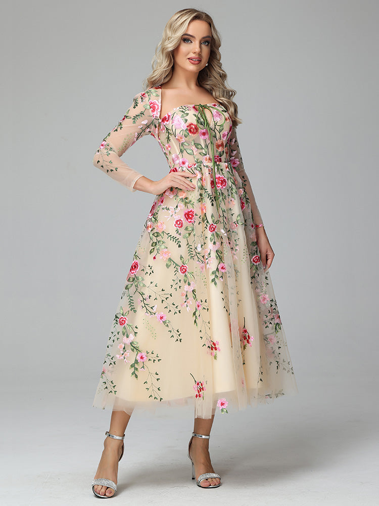 Champagne Margot Floral Lace Tea Length Dress