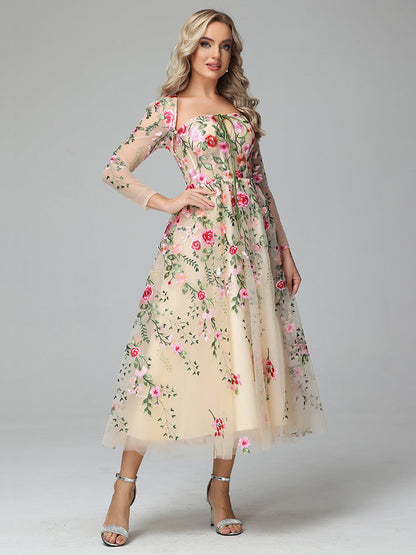 Champagne Margot Floral Lace Tea Length Dress