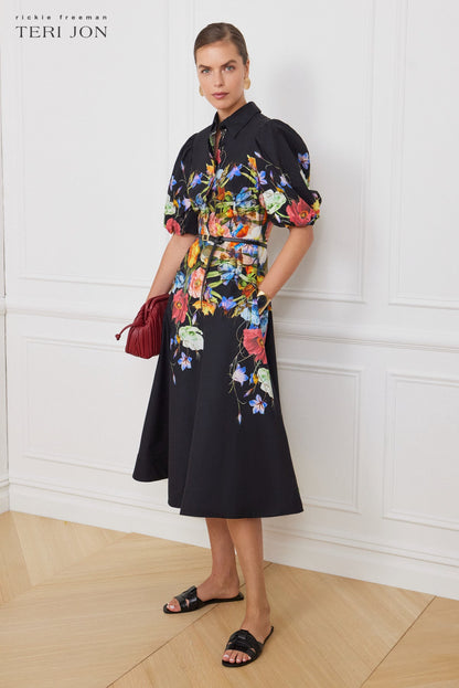 Black Multi Margot Cotton Shirt Dress with Puff Sleeves