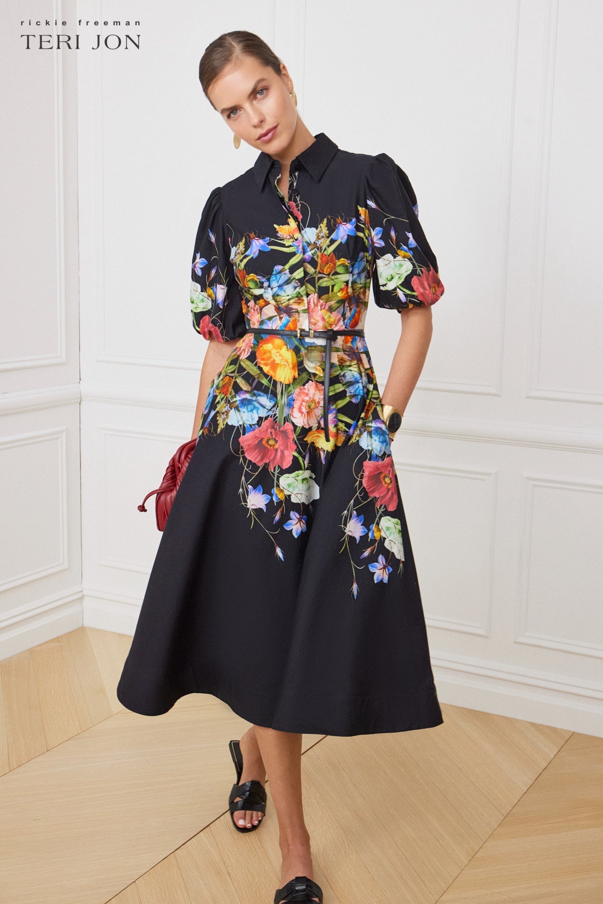 Black Multi Margot Cotton Shirt Dress with Puff Sleeves