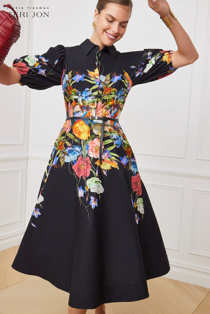 Black Multi Margot Cotton Shirt Dress with Puff Sleeves