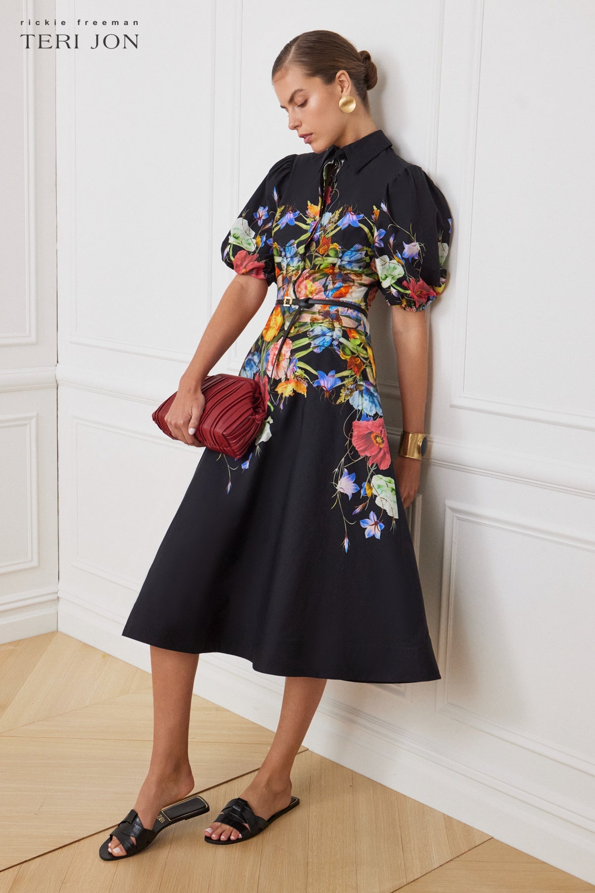 Black Multi Margot Cotton Shirt Dress with Puff Sleeves