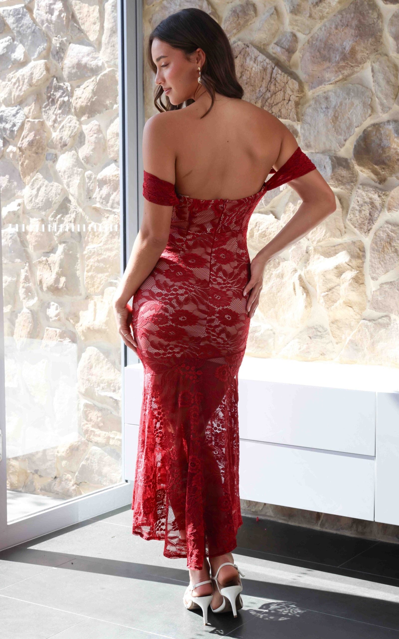 Wine Soriella Lace High-Low Maxi Dress in Wine