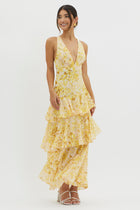 Veda Ruffle Midi Dress in Floral Yellow
