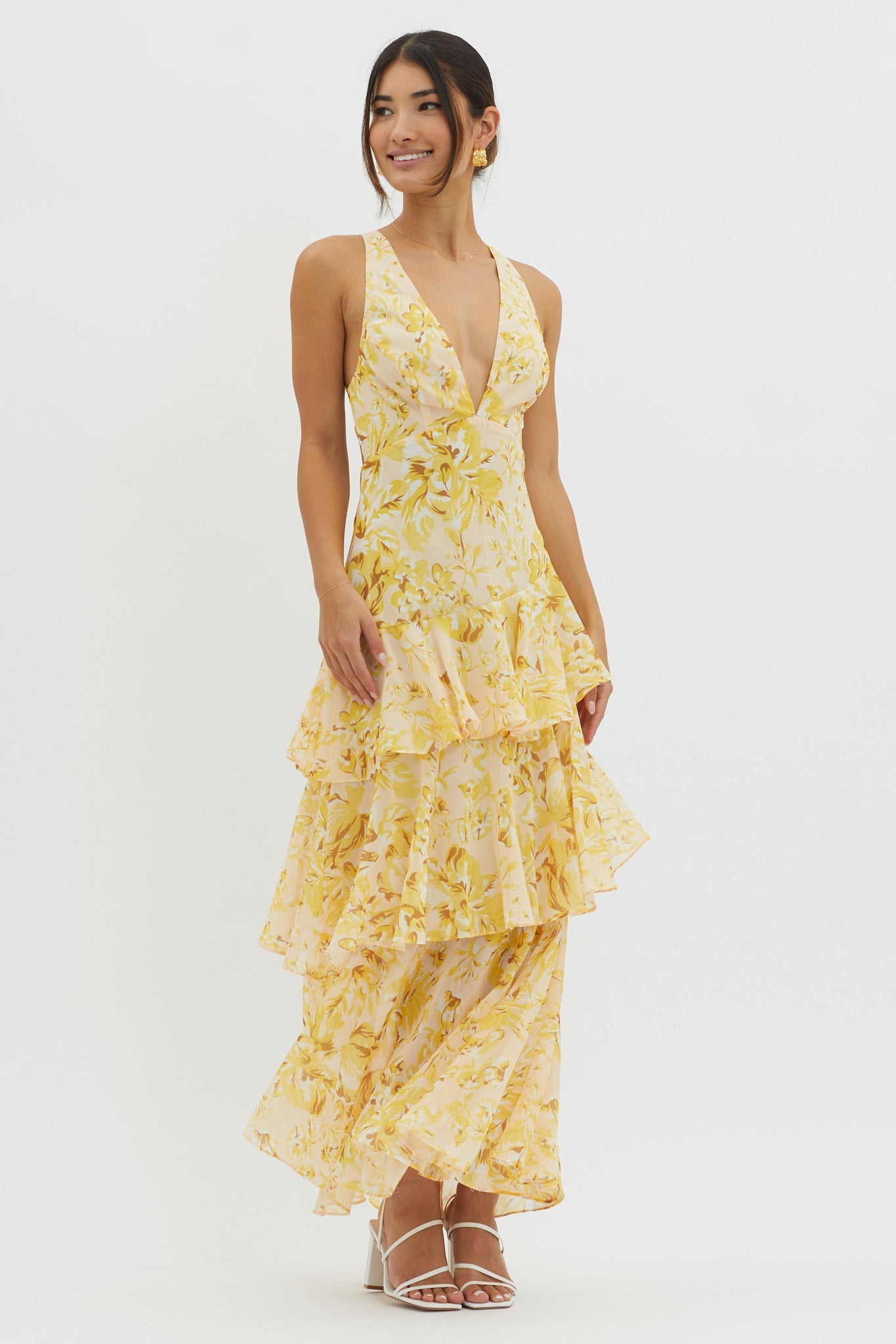 Veda Ruffle Midi Dress in Floral Yellow