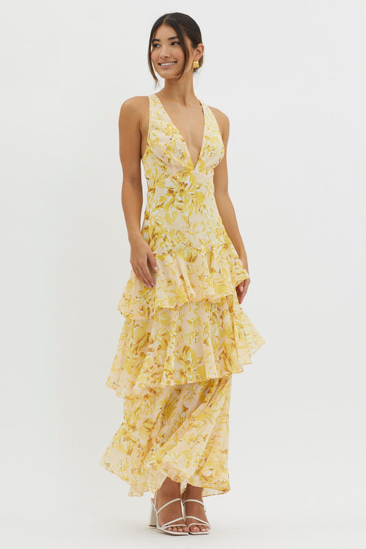 Veda Ruffle Midi Dress in Floral Yellow