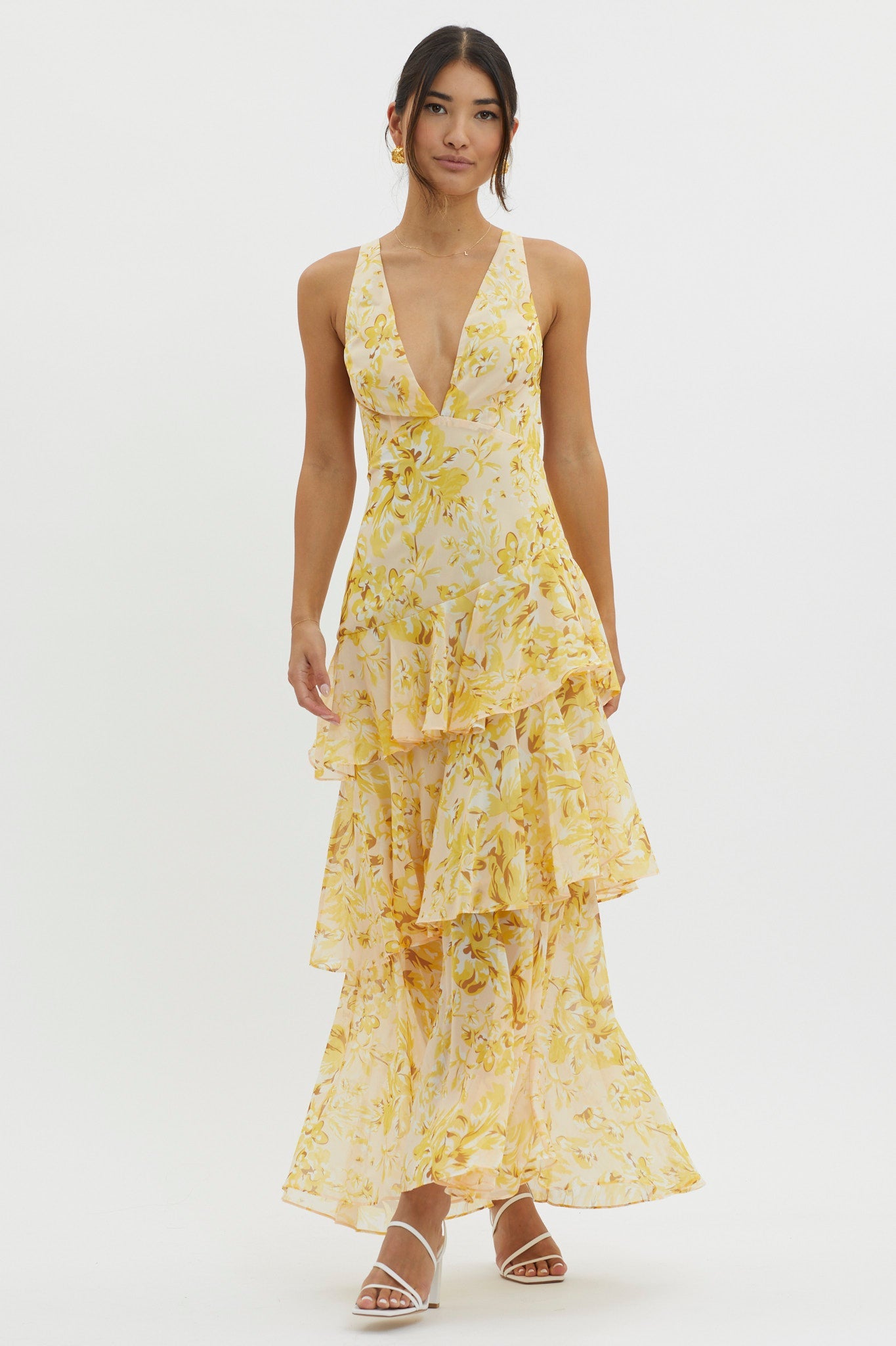 Veda Ruffle Midi Dress in Floral Yellow