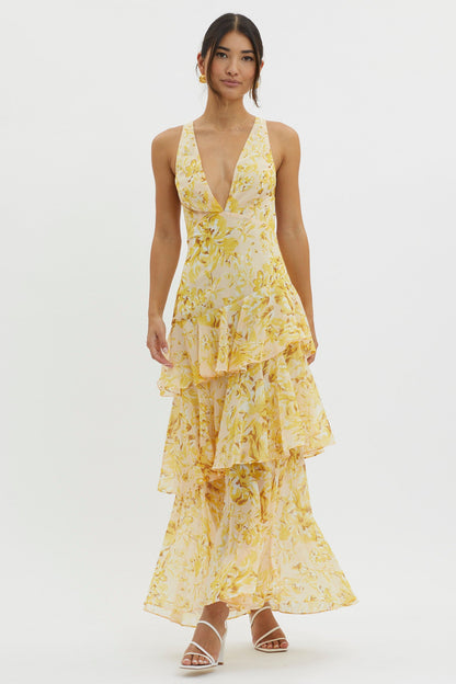 Veda Ruffle Midi Dress in Floral Yellow