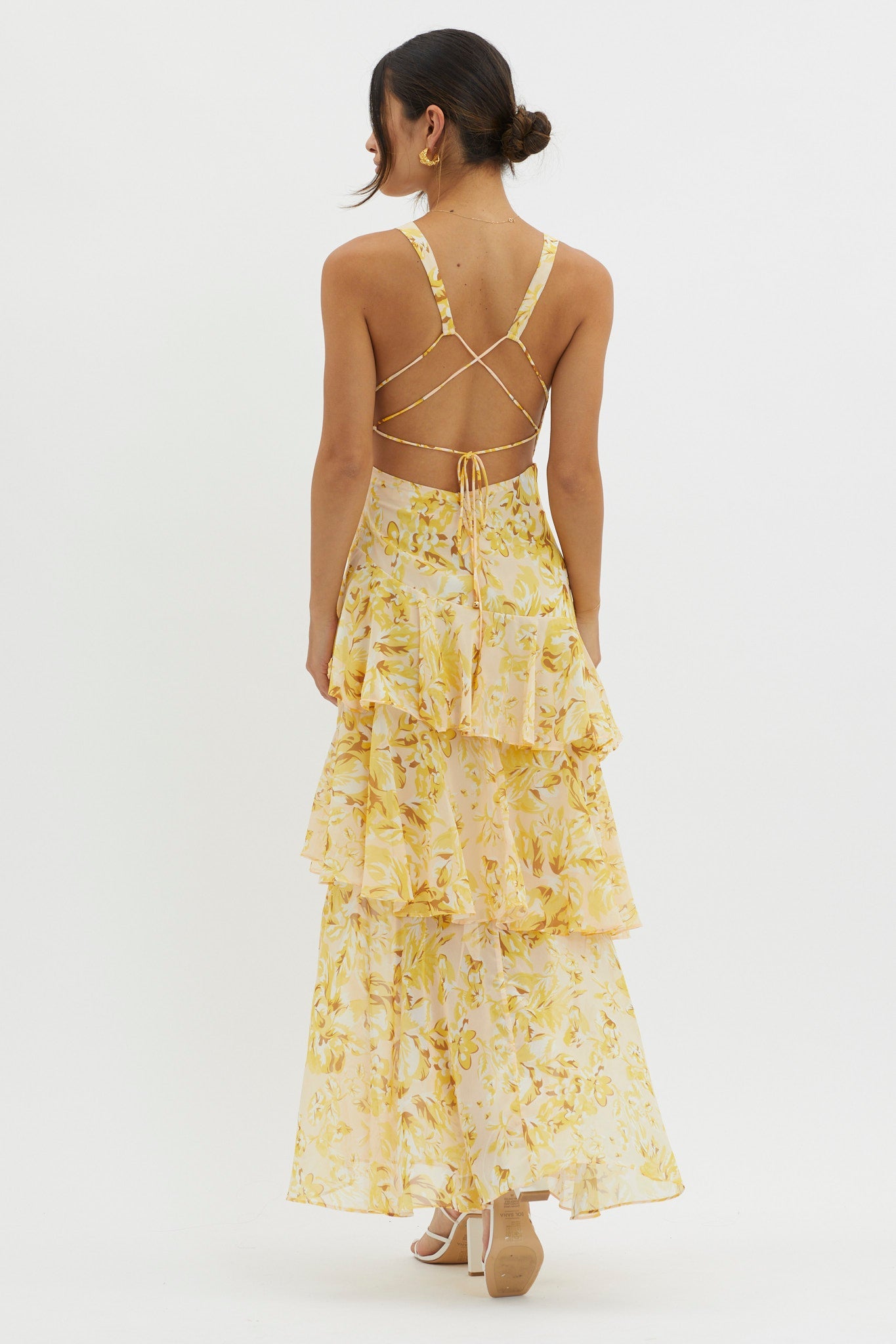 Veda Ruffle Midi Dress in Floral Yellow