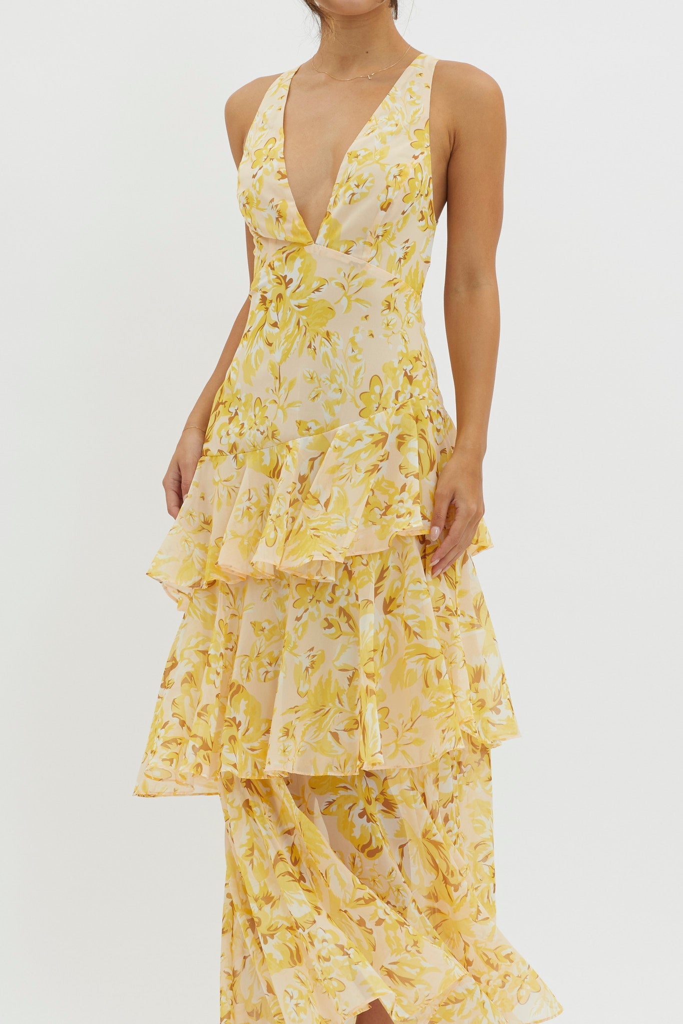 Veda Ruffle Midi Dress in Floral Yellow