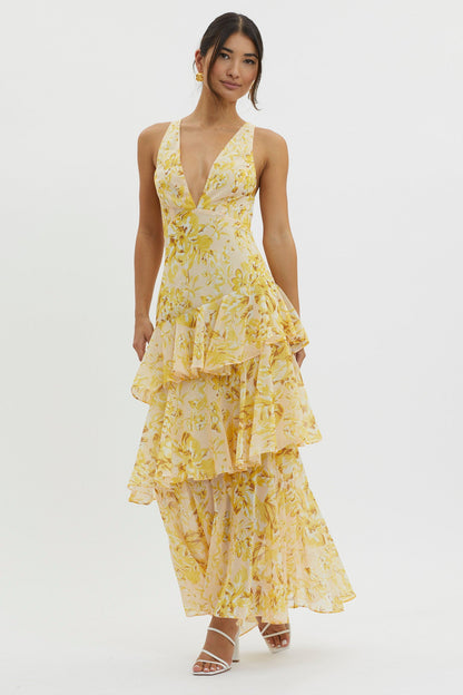 Veda Ruffle Midi Dress in Floral Yellow
