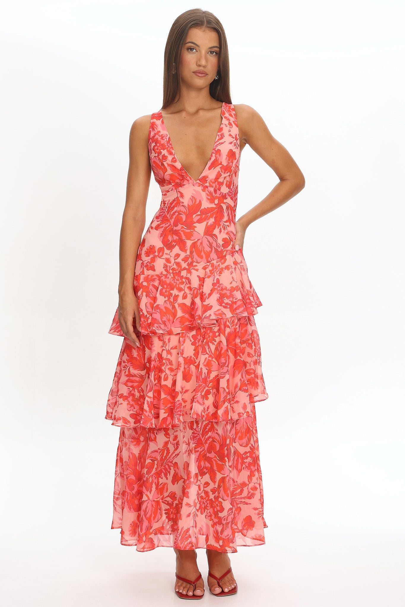 Veda Ruffle Midi Dress in Floral Red