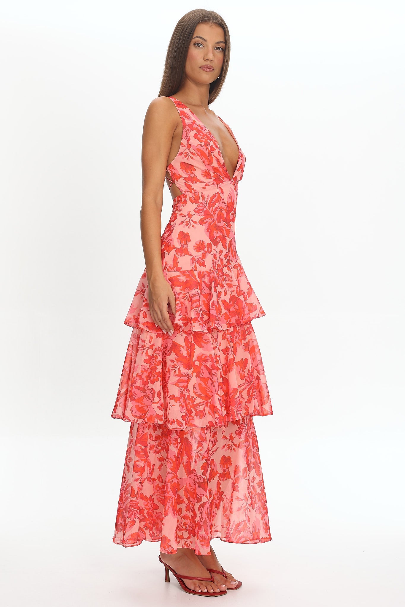 Veda Ruffle Midi Dress in Floral Red