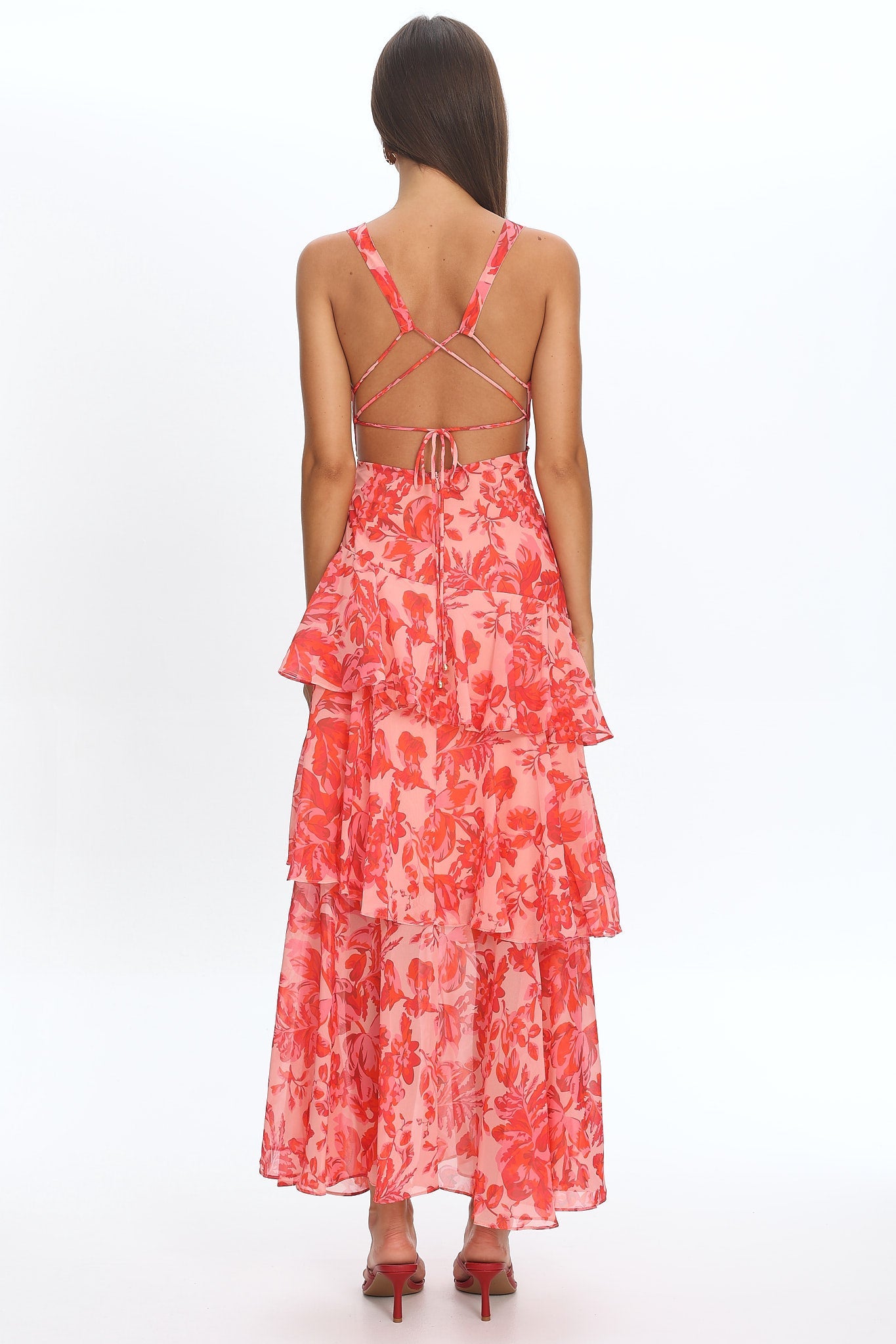 Veda Ruffle Midi Dress in Floral Red