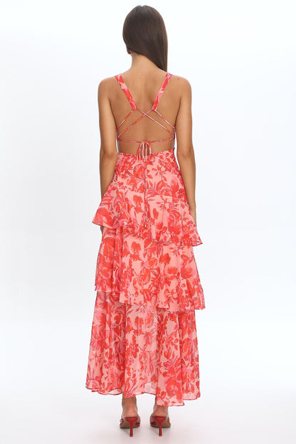 Veda Ruffle Midi Dress in Floral Red