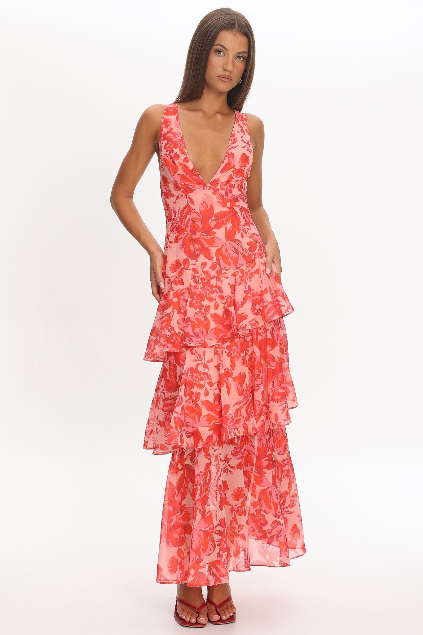 Veda Ruffle Midi Dress in Floral Red