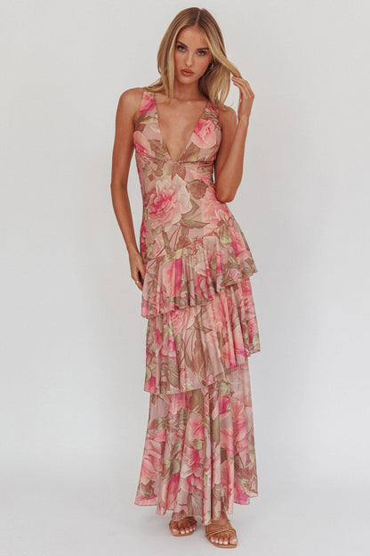 Veda Strappy Back Maxi Dress Roses Blush - XL