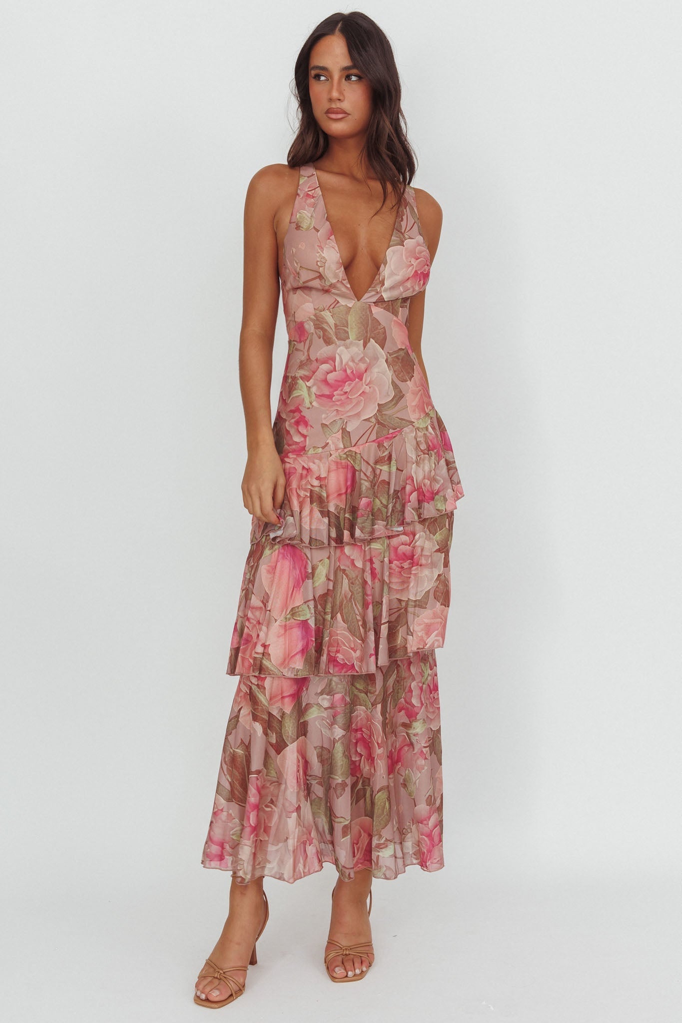 Veda Strappy Back Maxi Dress Roses Blush - XL