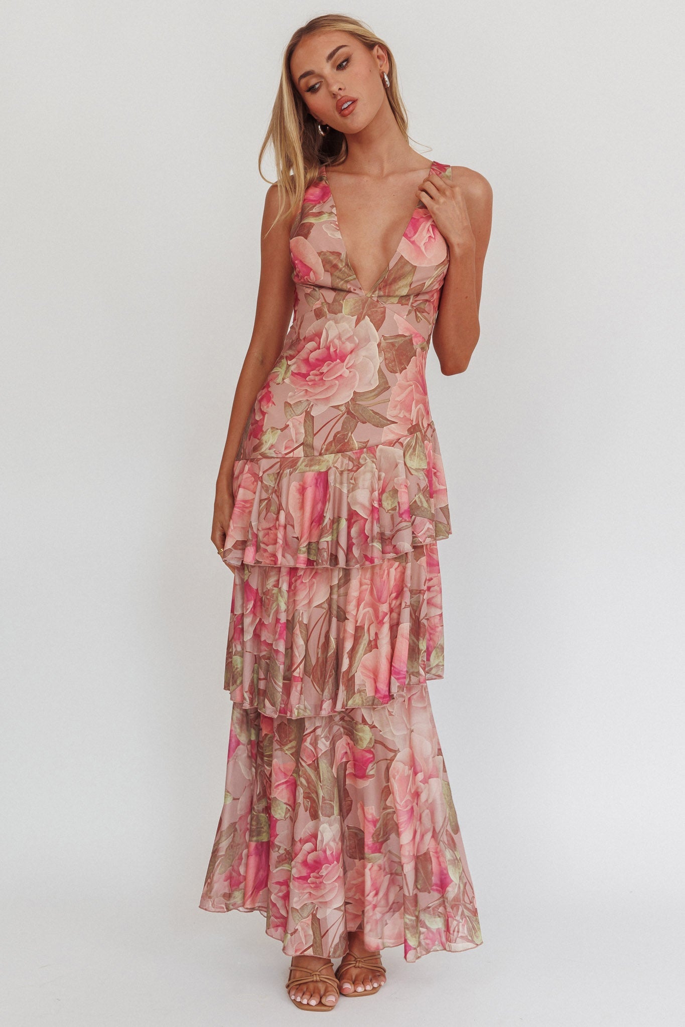 Veda Strappy Back Maxi Dress Roses Blush - XL