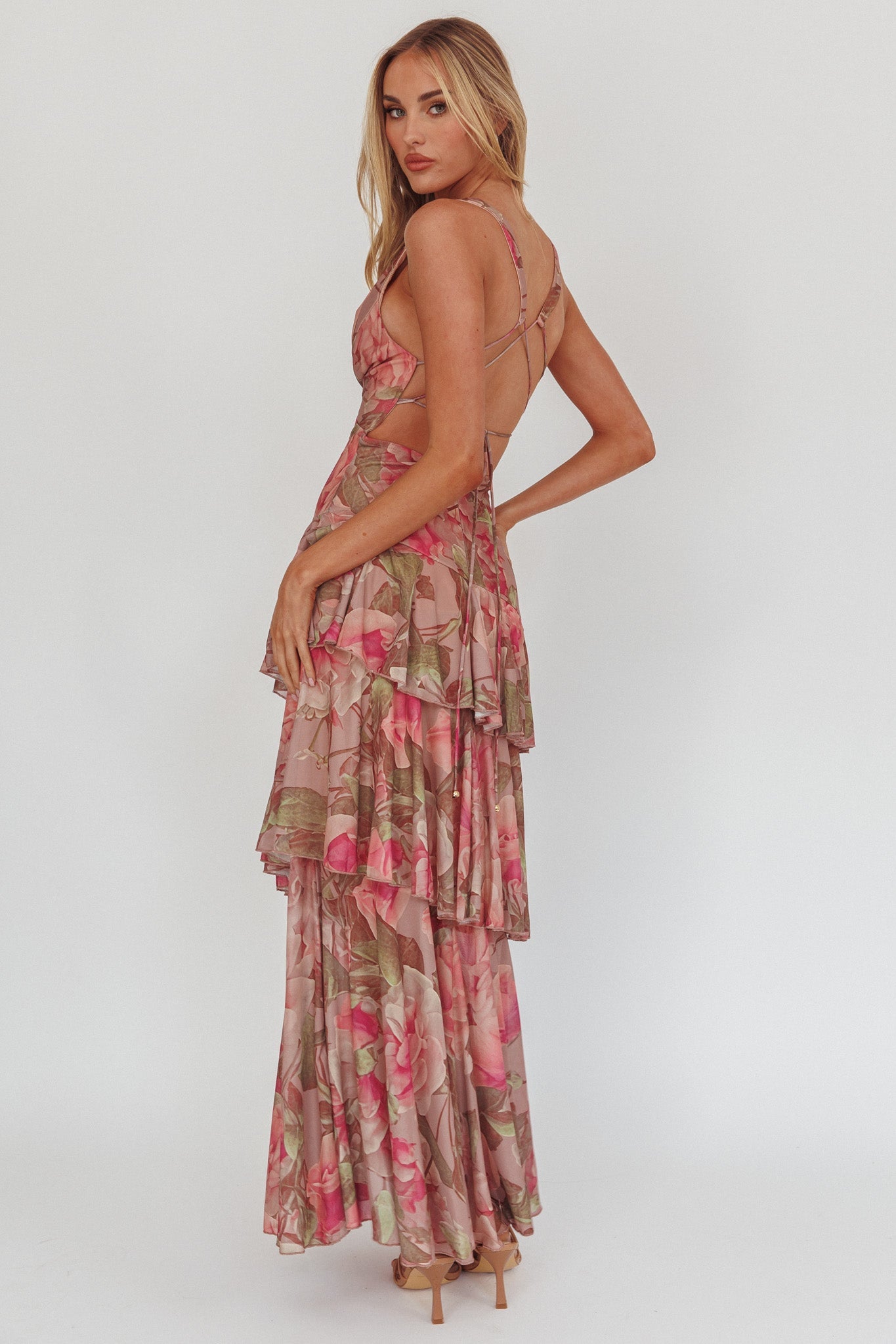 Veda Strappy Back Maxi Dress Roses Blush - XL
