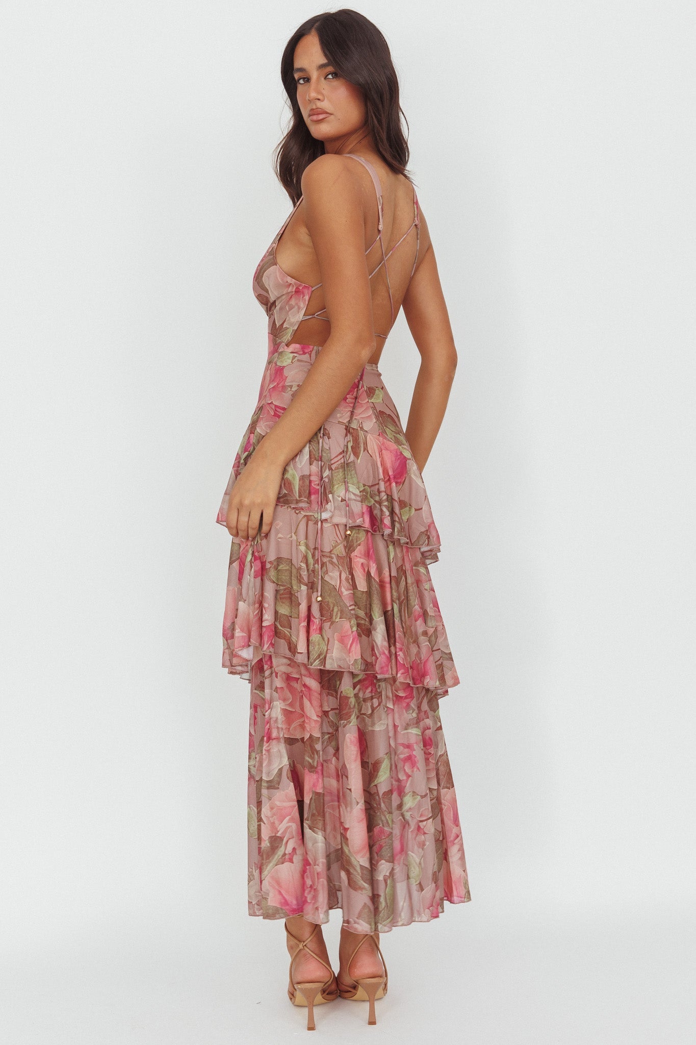 Veda Strappy Back Maxi Dress Roses Blush - XL