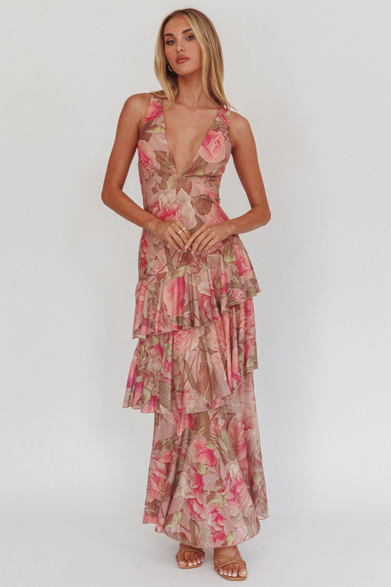 Veda Strappy Back Maxi Dress Roses Blush - XL