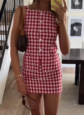 Gingham Button Peplum Set