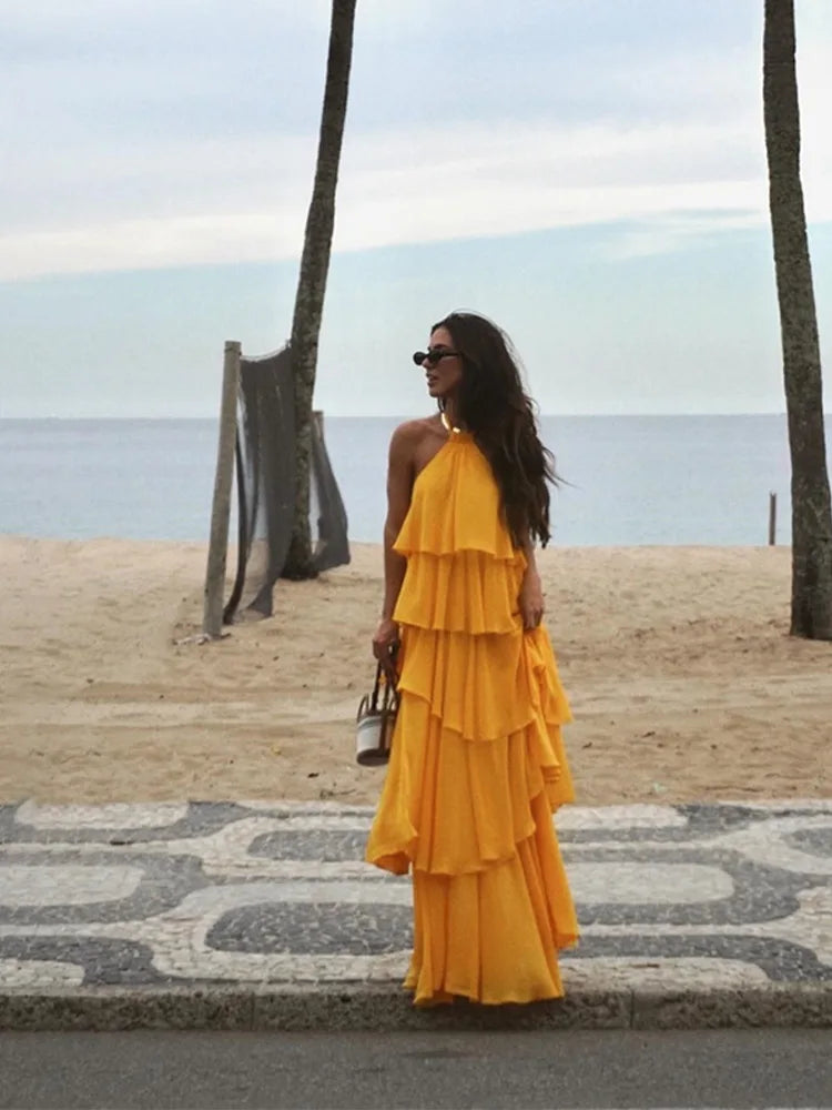 orange yellow Isabelle Halter Ruffle Maxi Dress