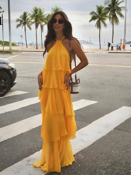 orange yellow Isabelle Halter Ruffle Maxi Dress