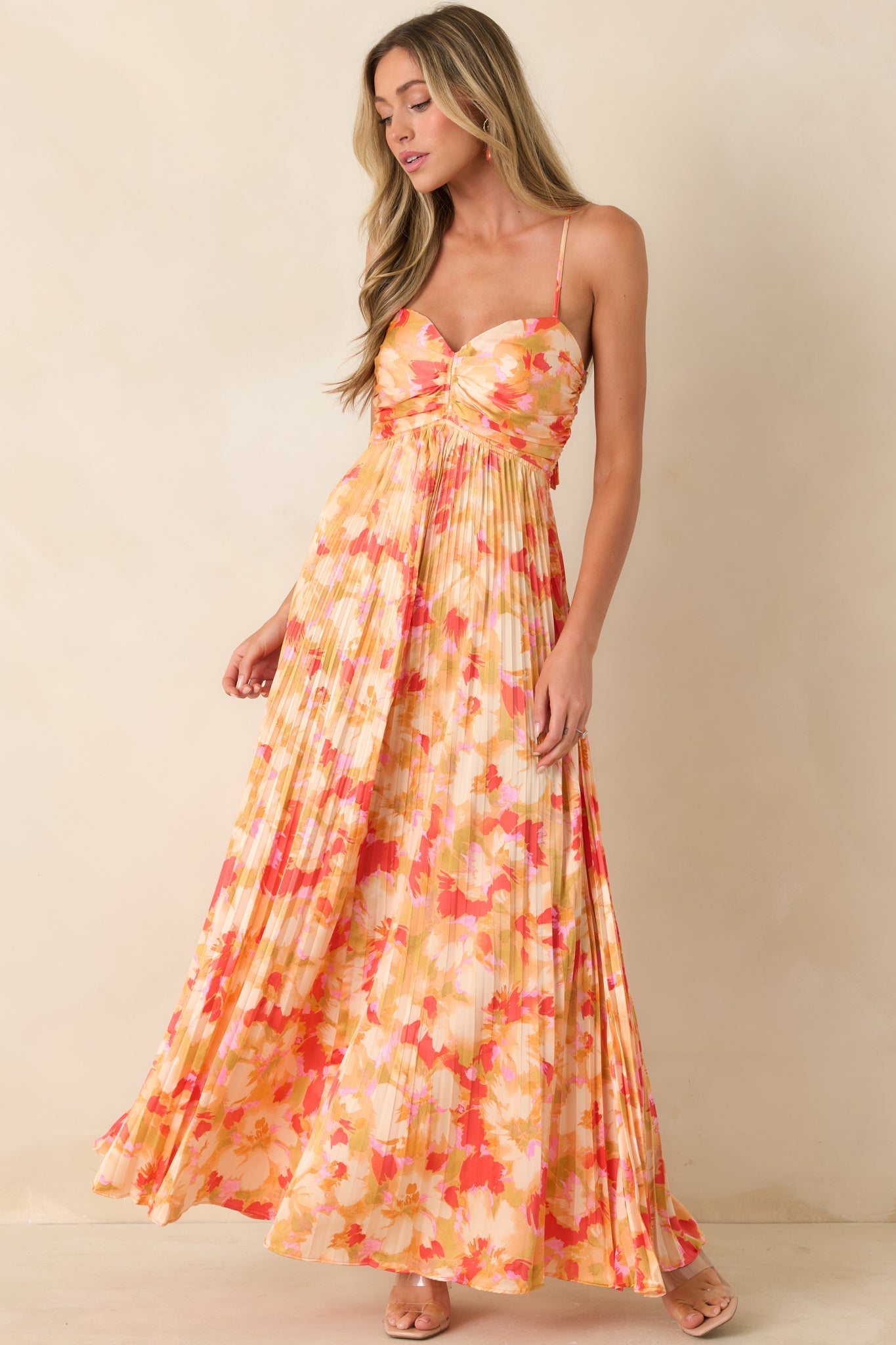 Sunshine Peach & Red Multi Satin Finish Pleated Maxi Dress Aurelia Painted Satin Pleated Maxi Dress