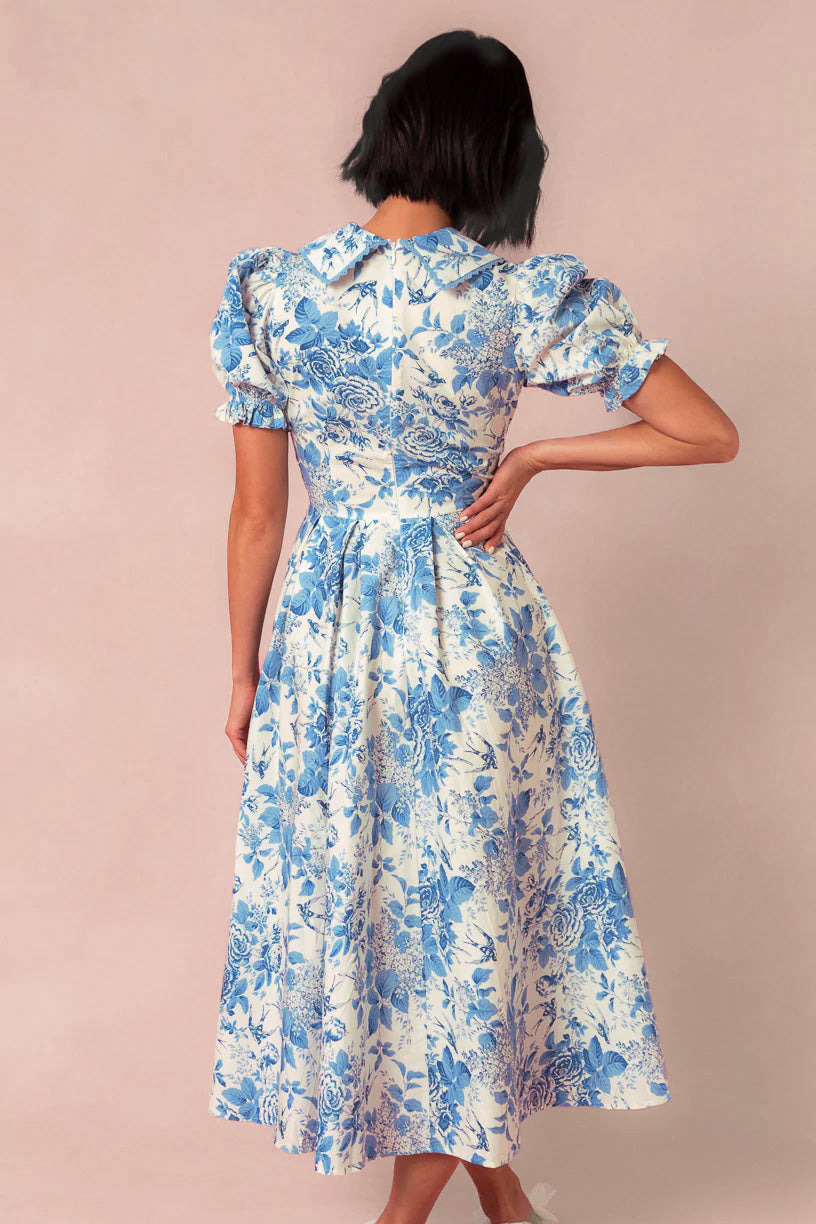 Blue Floral Sophia Silk Midi Dress in Blue Bouquet