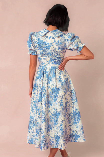Blue Floral Sophia Silk Midi Dress in Blue Bouquet