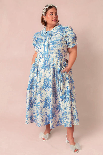 Blue Floral Sophia Silk Midi Dress in Blue Bouquet
