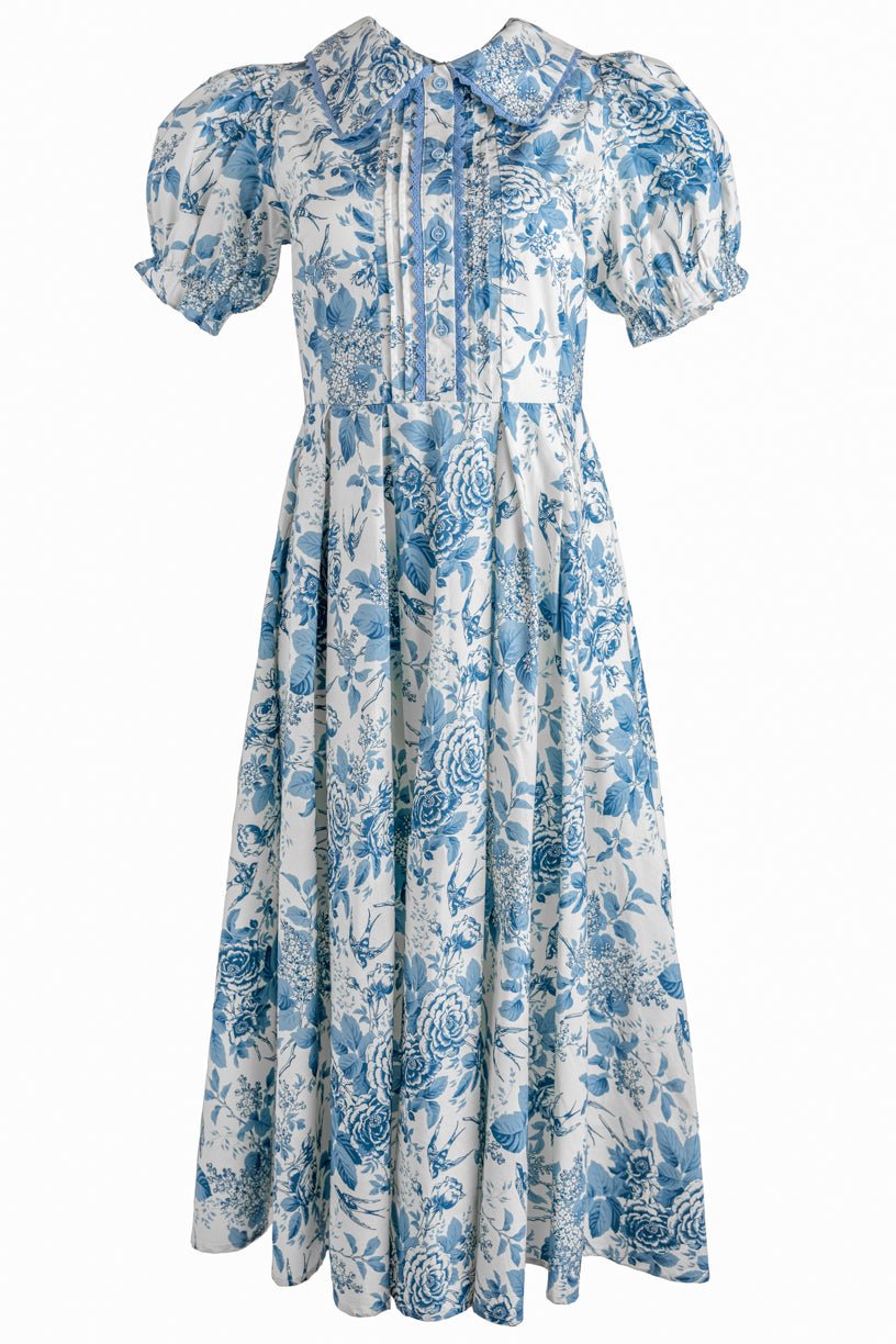 Blue Floral Sophia Silk Midi Dress in Blue Bouquet