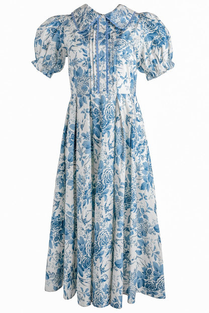 Blue Floral Sophia Silk Midi Dress in Blue Bouquet