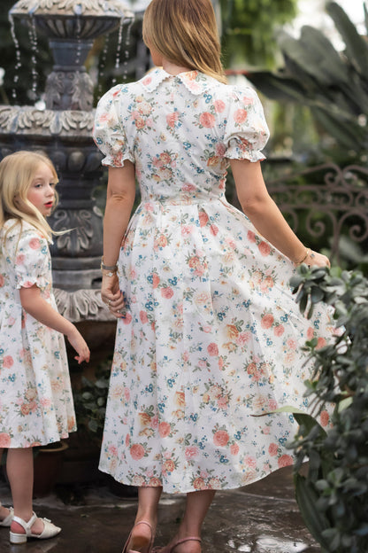 Countryside Peony Blossom Sophia Silk Midi Dress in Blue Bouquet