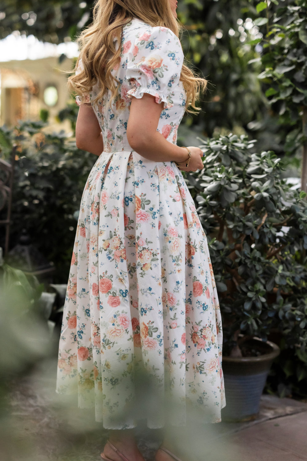 Countryside Peony Blossom Sophia Silk Midi Dress in Blue Bouquet