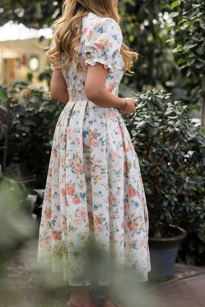 Countryside Peony Blossom Sophia Silk Midi Dress in Blue Bouquet