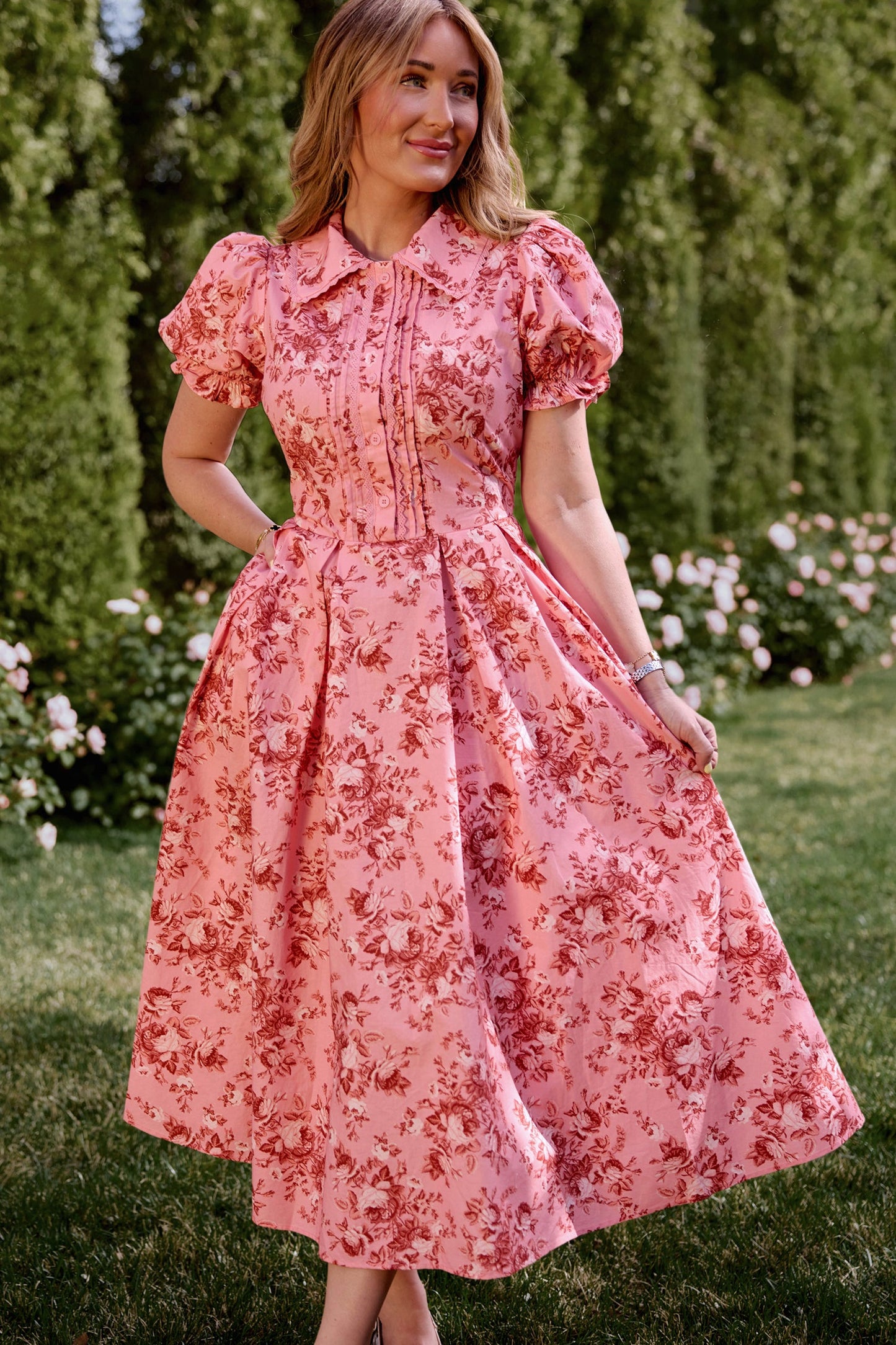 Desert Heritage Rose Sophia Silk Midi Dress in Blue Bouquet