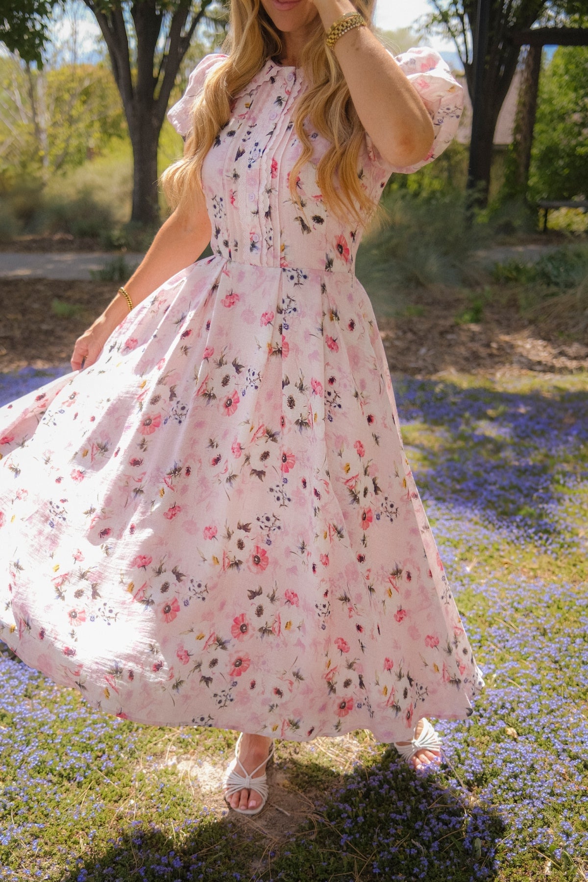 Roselyn Pink Sophia Silk Midi Dress in Blue Bouquet