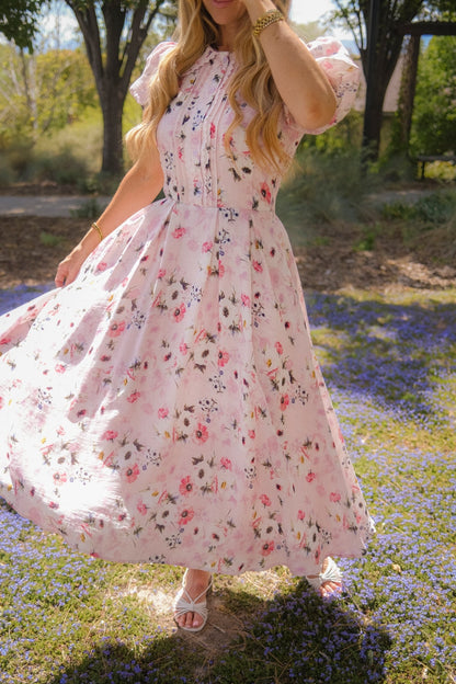 Roselyn Pink Sophia Silk Midi Dress in Blue Bouquet